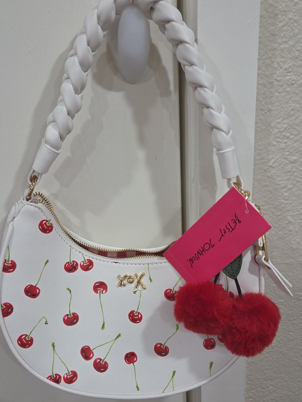 Betsey Johnson White Cherry Print Shoulder Bag with Red Pom Pom Charm